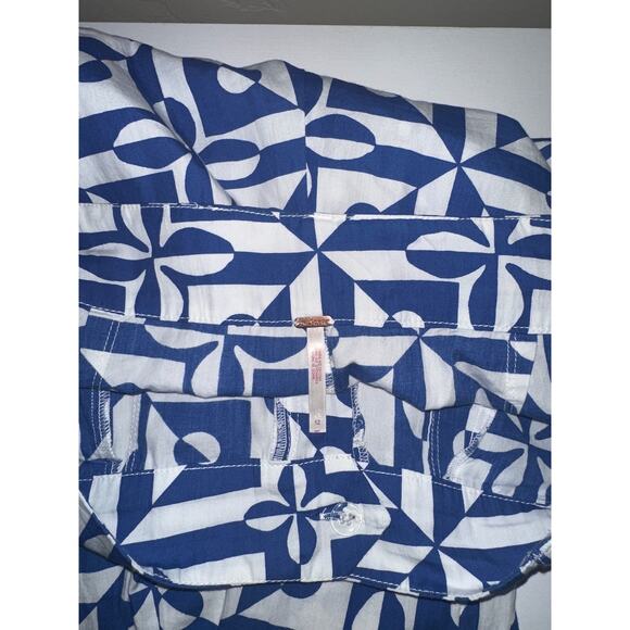 Free People Menorca Blue & White Multi Print High Rise Wide Leg 100% Cotton - Picture 5 of 6